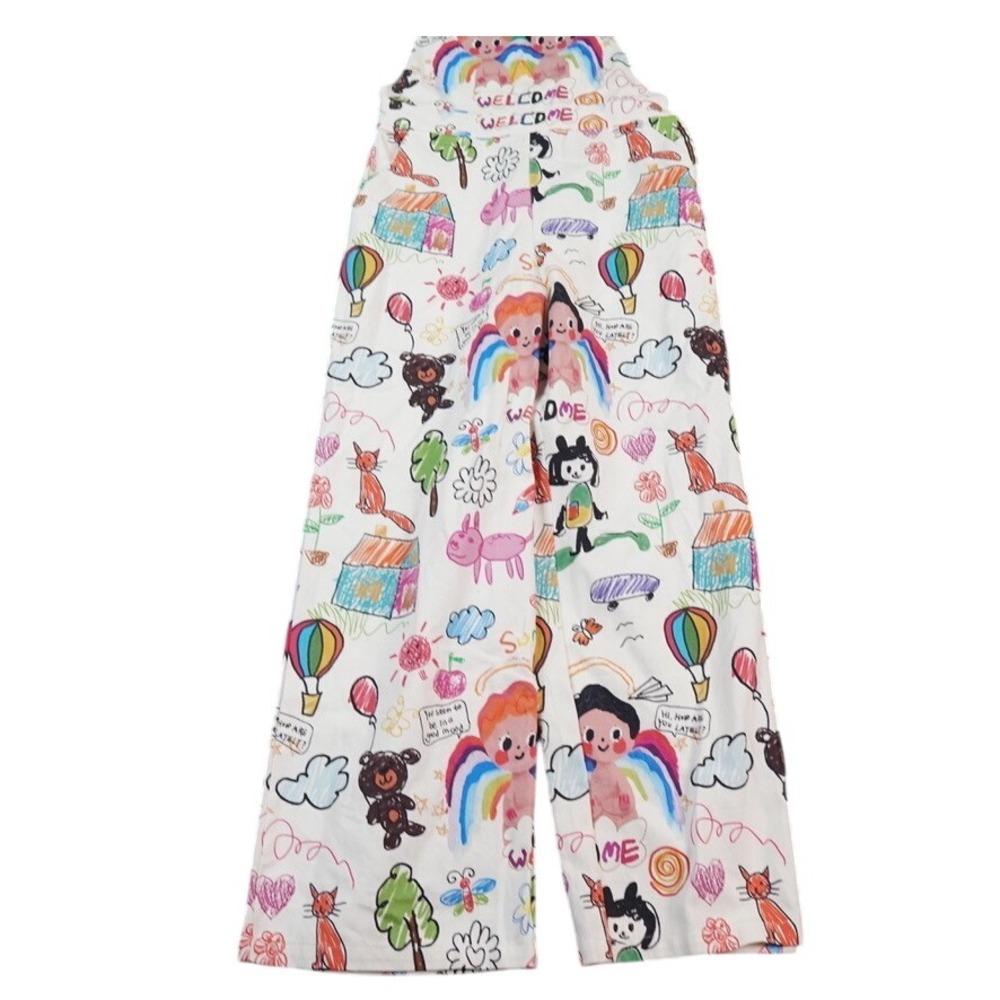 Shein Overalls Womens M‎ Multicolor Kidcore Teacher Doodle All Over Print